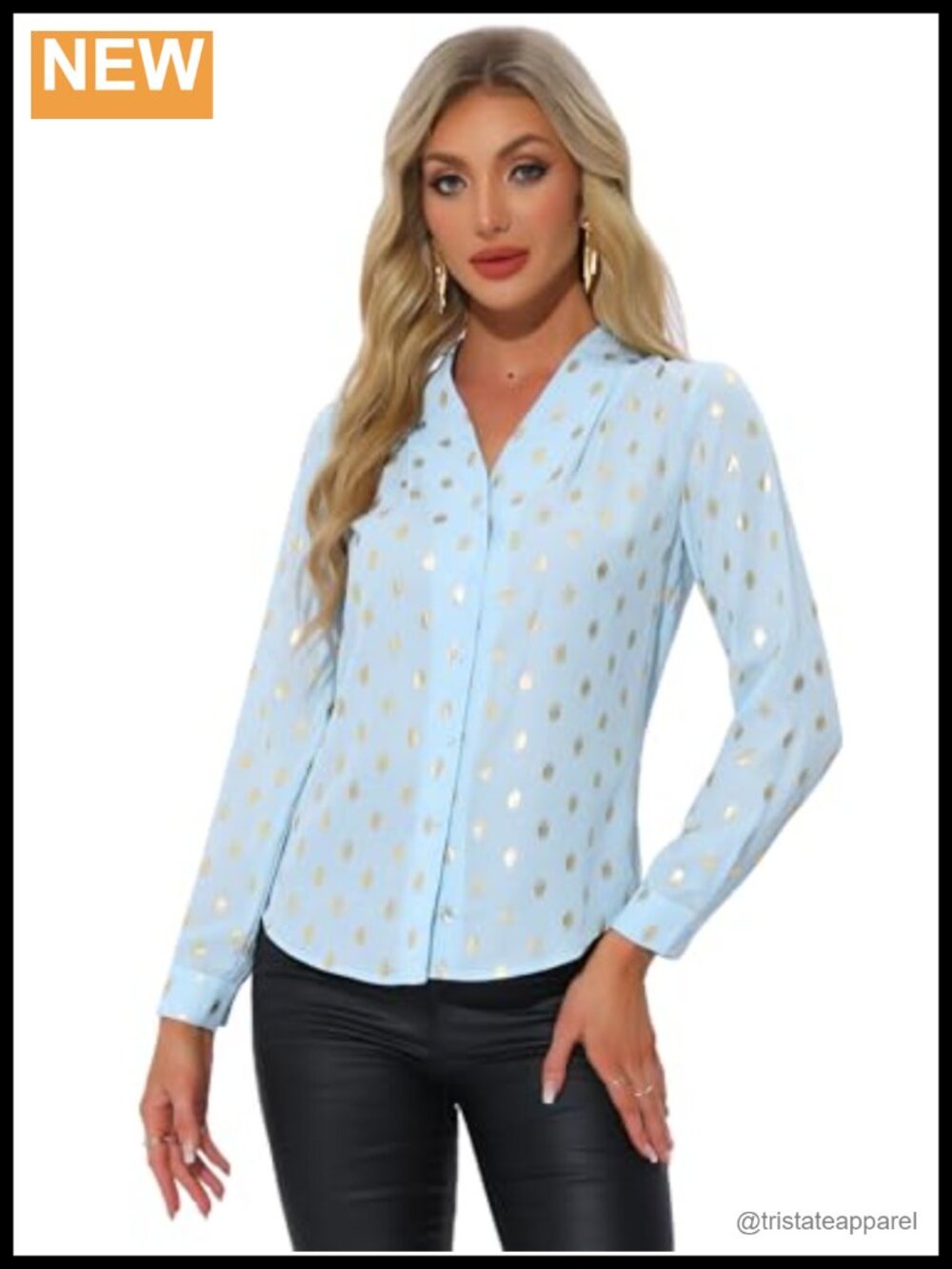 Women's Metallic Star V Neck Long Sleeve Button Down Blouse Sparkly Top